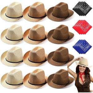 SATINIOR 12 Set Straw Cowboy Hats & Bandanas - Cowboy Party Hat Costume with Head Bandana (Beige,khaki,brown)