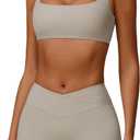 ABOCIW Workout Sets for Women Square Neck Sports Bra Crossover Waist Scrunch Butt Lifting Shorts 2 Piece Gym Set (Small, Tan)