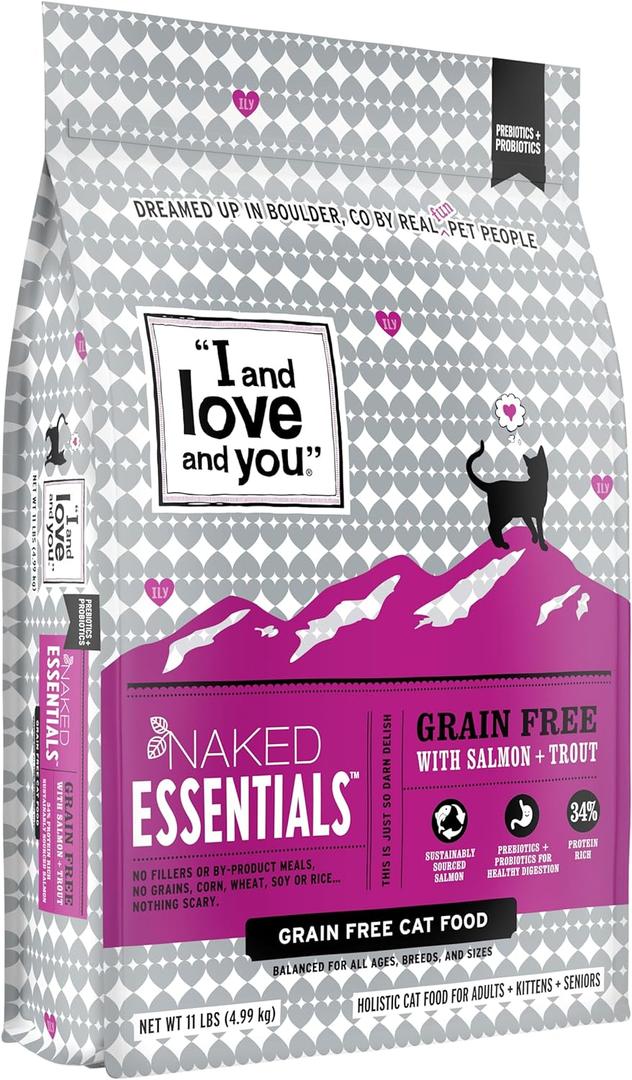 I and love and you Naked Essentials Dry Cat Food - Salmon + Trout - Grain Free, Real Meat, No Fillers, Prebiotics + Probiotics, 11lb Bag, Best By: 07/28/2026