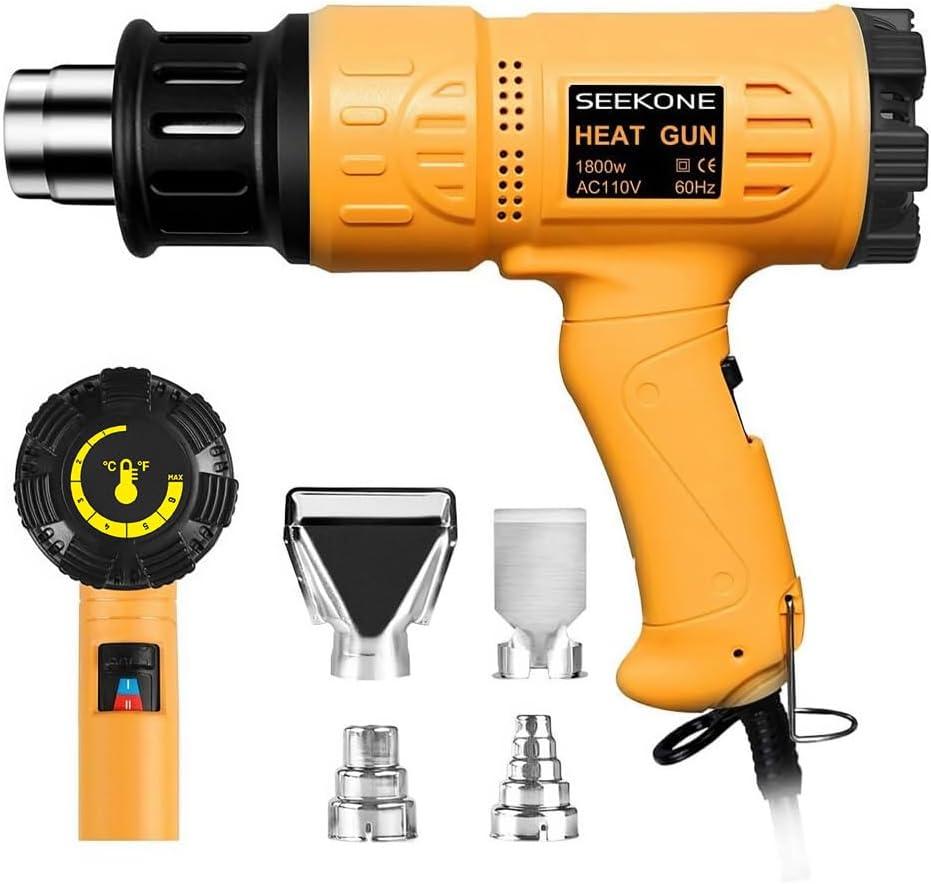 SEEKONE Heat Gun 1800W 122-120250- 650Fast Heating Heavy Duty Hot Air Gun Kit Variable Temperature Control Overheat Protection with 4 Nozzles for Crafts, Shrinking PVC, Stripping Paint(5.2FT)