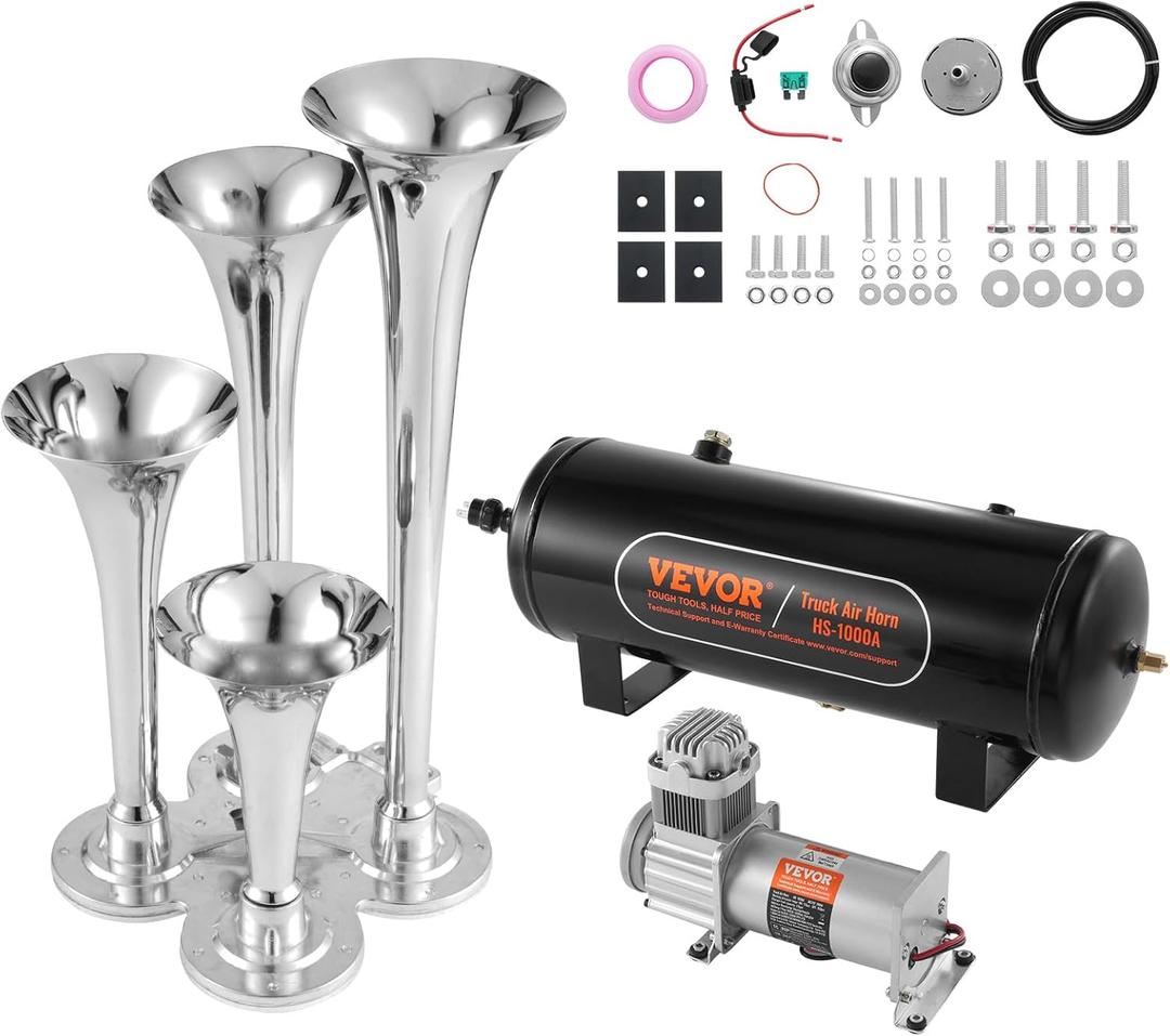 VEVOR Train Horns Kit, 4 Trumpet Air Horn Kit, 150dB Train Horns for Pickup Trucks, 12V 160 psi Air Compressor 2.6 Gal/10 L Tank with Gauge for Any 12V Vehicle Car Truck Train Van Boat (Upgrade)