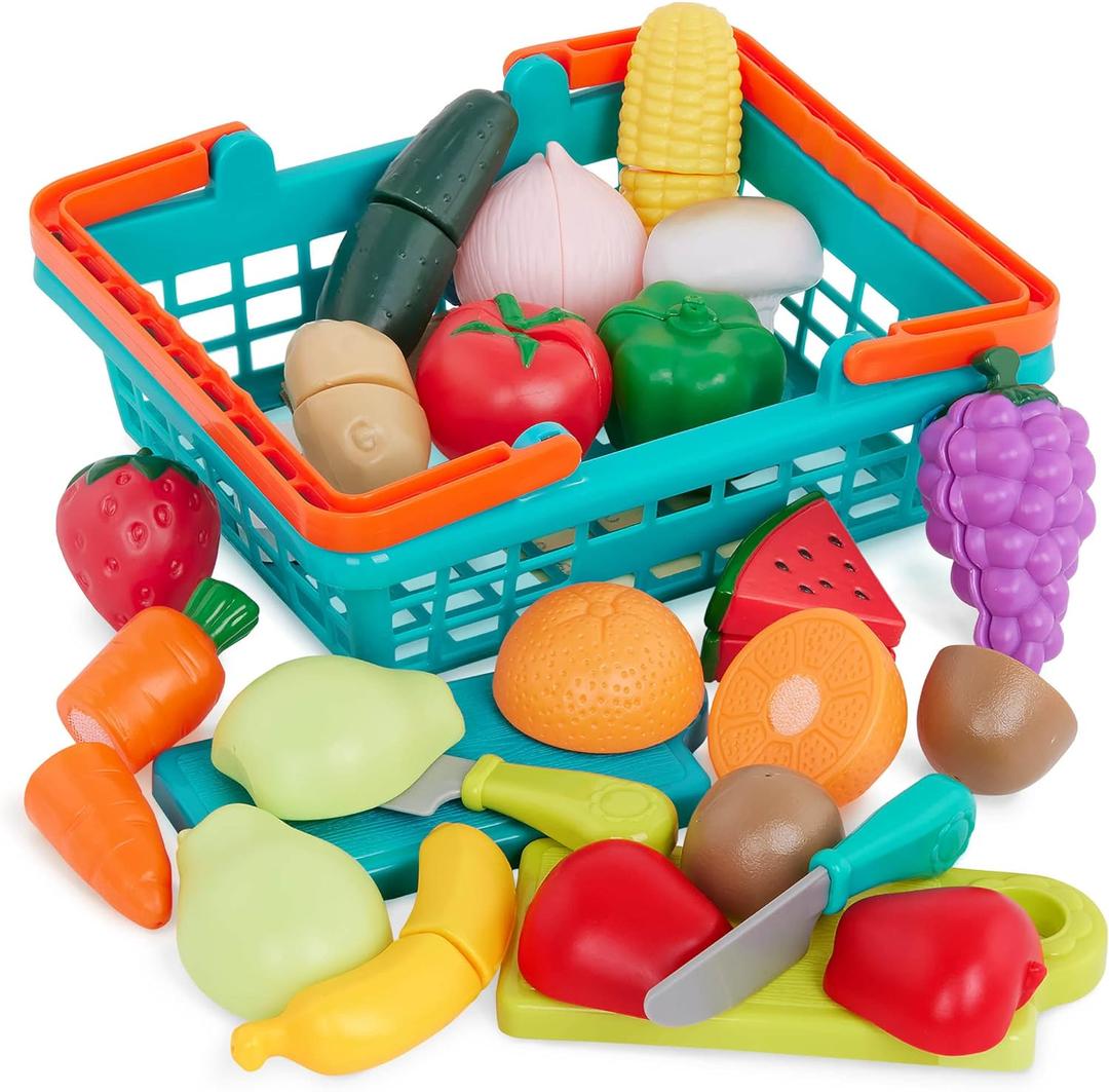 Battat  Play Food for Toddlers with Farmers Market Basket and Chopping Board, Toy Food for Kids Kitchen and Pretend Play for 3+ Years (37 Pieces) (Multicolor)