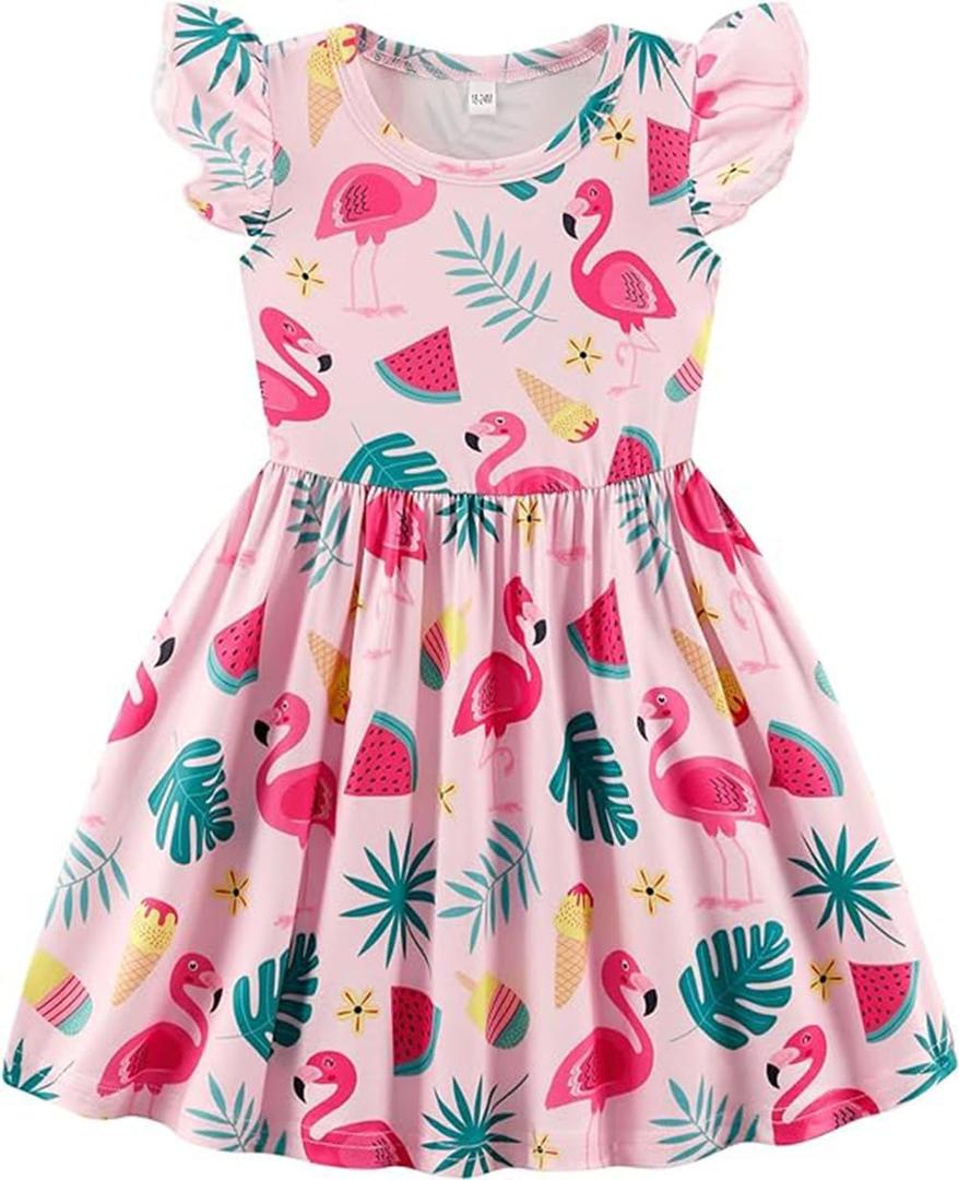 Baby Girls Dress Unicorn Casual Flutter Sleeve Swing Sundress Birthday Party Summer Playwear Dresses 1-8 Years Old (18-24 Months, Flamingo)