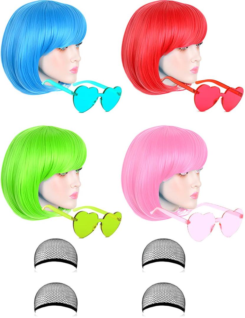 LOHO MAGICA 4 Pack Colored Wigs Neon Colorful Wig Short Bob Hair Wig Neon Fun Party Wig Costume Wigs with Heart Sunglasses(Blue, Red, Green, Pink)