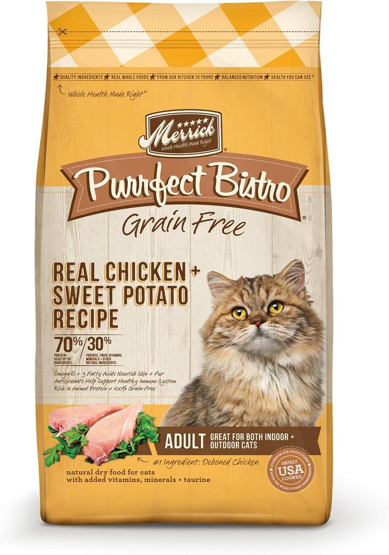 Merrick Purrfect Bistro Grain Free Natural Dry Cat Food For Adult Cats, Real Chicken And Sweet Potato Recipe - 12 lb. Bag (EXP 06/01/27)