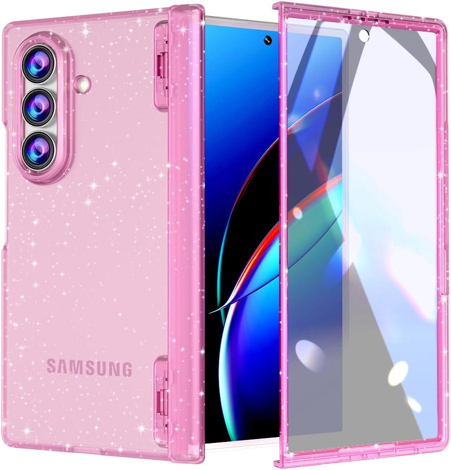 FABSPARK Case for Samsung Galaxy Z Fold 7 Built-in Screen Protector, Hinge Protection, Sparkly Bling Glitter Crystal Clear Transparent Slim Fit Acrylic Hard PC for Samsung Z Fold 7 Case, Glitter Pink