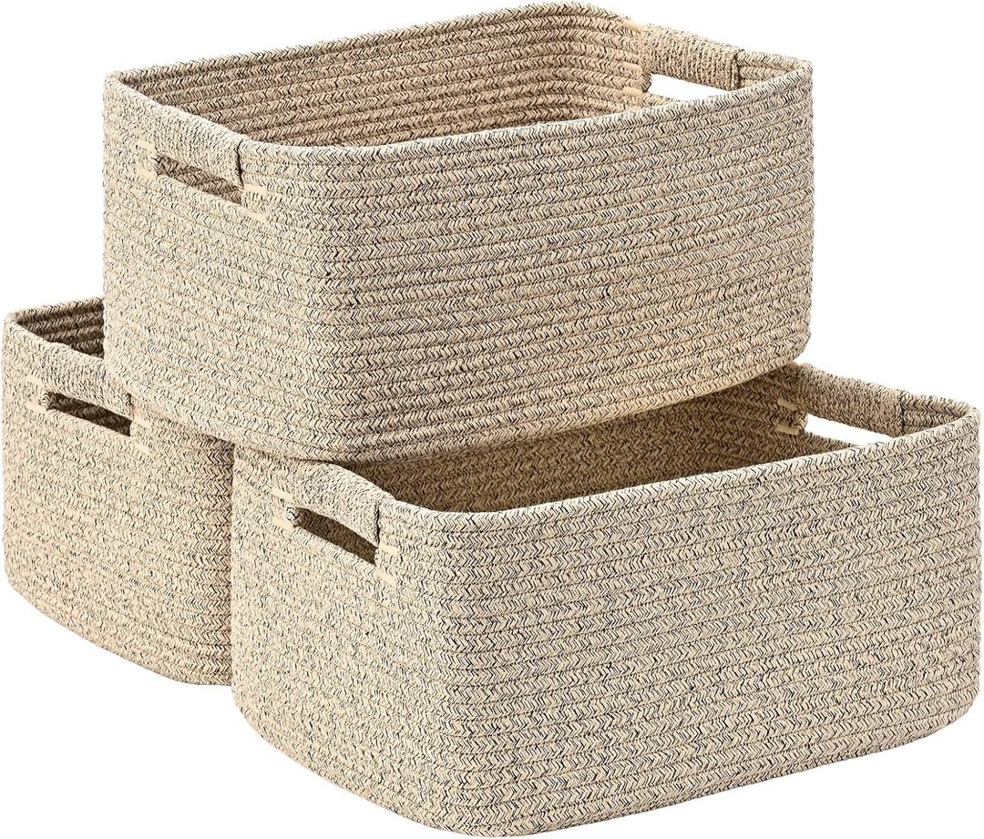 3 Pack Large Storage Basket for Organizing, 17.5"x13"x7" Woven Basket for Shelves, Closet Cube Storage Bins with Wrapped Handle, Cotton Rope Baskets for Kitchen, Clothes, Toys (Natural)