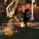 Ouddy Decor Fairy Garden Decor with Solar Watering Can, Metal Fairy Garden Statues with Hanging Lanterns Waterfall Lights Silhouette Waterproof for Mother's Day Lawn Pathway Gardening Gifts