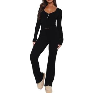 REVETRO Lounge Sets For Women Sexy V Neck Pajama Set Long Sleeve Shirts 2 Piece PJ Set Y2k Workout Sets For GYM Small