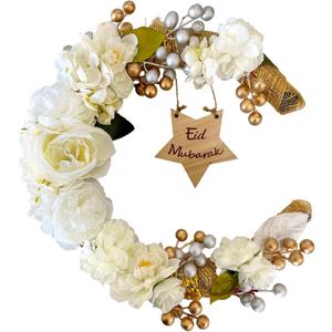 Eid Ramadan Mubarak Wreaths Ramadan Decorations 12.59 Inches for Muslim Home Front Door Eid Decor Round Metal Hoop Floral Hanging Garland for Islam Wall Window Indoors Outdoor Farmhouse Decor