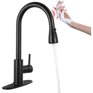 FGKQ Touchless Kitchen Faucet with Pull Down Sprayer, Matte Black High Arc Single Handle Single Hole Commercial Kitchen Sink Faucet with Deck Plate