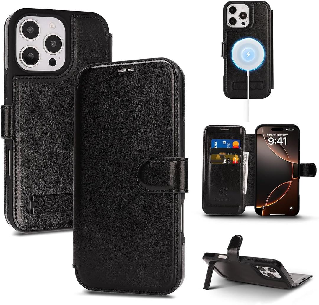 for iPhone 16 Pro Wallet Case with Stand,PU Leather Flip Credit Card Holder Slots (RFID Blocking),Compatible with Magsafe Magnetic Holder Phone Cover Women Men,Black