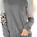Leopard Print Tops for Women Long Sleeve Crew Neck Patchwork T Shirt Blouse (S)