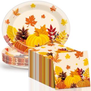 Thanksgiving Fall Party Oval Paper Plates 11inch Large Maple Leaves Plates and Napkins, Gold Foil Fall Party Decoration Favor Dish Tray for Autumn Holiday Gathering Supplies Tableware, 25 Guest