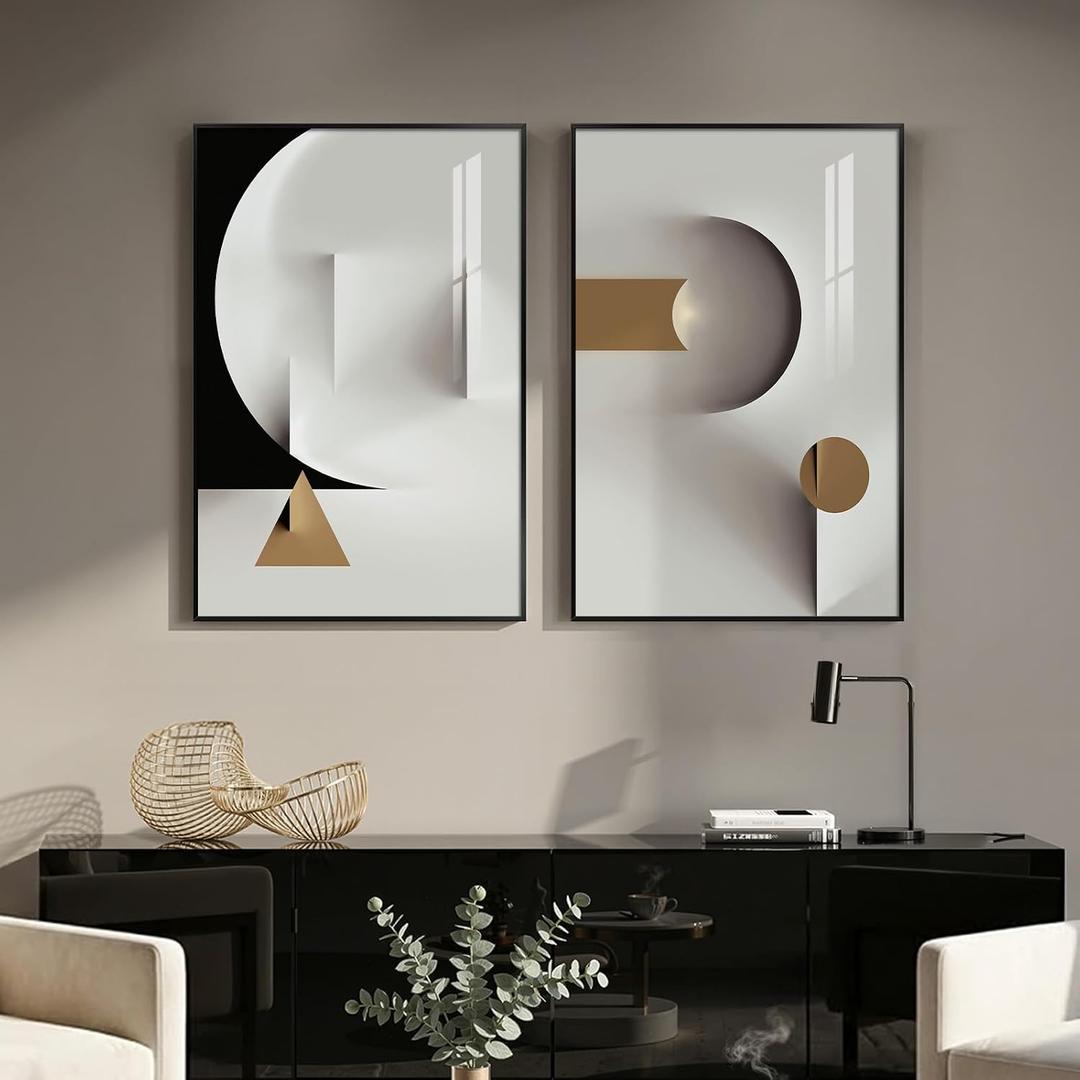 Large Framed Modern Elegant Abstract Wall Art, 2 Piece Black White Gold Geometric Prints Paintings Artwork for Walls, Minimalist Wall Pictures for Living Room Dining Bedroom Hallway Wall Decor 24x36 In, 24" W X 36" H X 2pcs