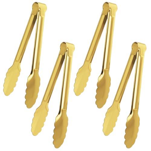 XEVOM Gold Buffet Tongs - 6 Pack, 9 Inch, Stainless Steel Gold Plated Serving Tongs