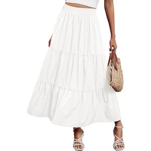 Arolina Maxi Skirt for Women Summer Boho Elastic High Waist Pleated A-Line Flowy Ruffle Swing Tiered Long Beach Skirt Dress White Medium
