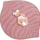 Funtery Baby Play Mat 56 x 42 Inch Cotton Crawling Cushion Cotton Nursery Rug Large Thick Soft Reversible Washable Folding Floor Playpen Mat Nursery Decor Rug for Girls Boys (Pink, Leaf)