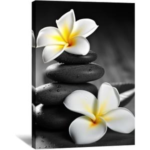 LYUNSHUO Zen Wall Art,Black and White Picture Canvas Print Spa Stone Painting Frangipani Flower Poster Minimalism Artwork for Spiritual Room Bathroom Living Room Office Home Decor(Art-5,16.00"x24.00")