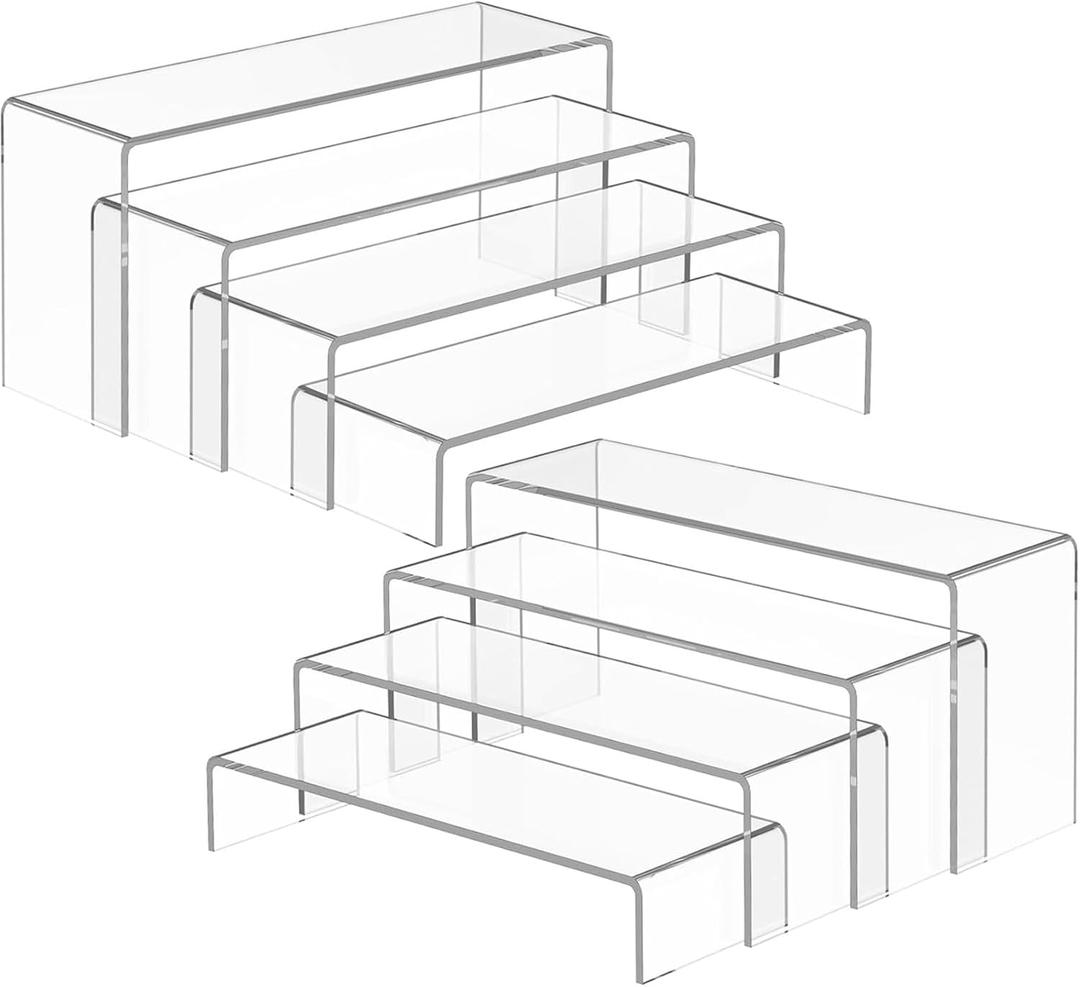 MaxGear 8 Pcs 2 Sets Acrylic Display Risers, 8",8",9",9", 4 tier Clear Plastic Rectangle Display Stand Shelf for Figures, Desserts, Perfume, Cupcakes, Strong Support Riser for Retail, Jewelry, Shoes