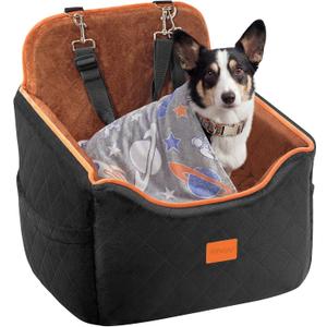 Dog Car Seat for Small Dog with Washable Mat, Memory Foam Booster Seat for Dogs Under 30lb, 6" Elevated Pet Seat with Pockets, Anti-Slip Bed for Car, Perfect for Front & Back Seats with Safety Leash