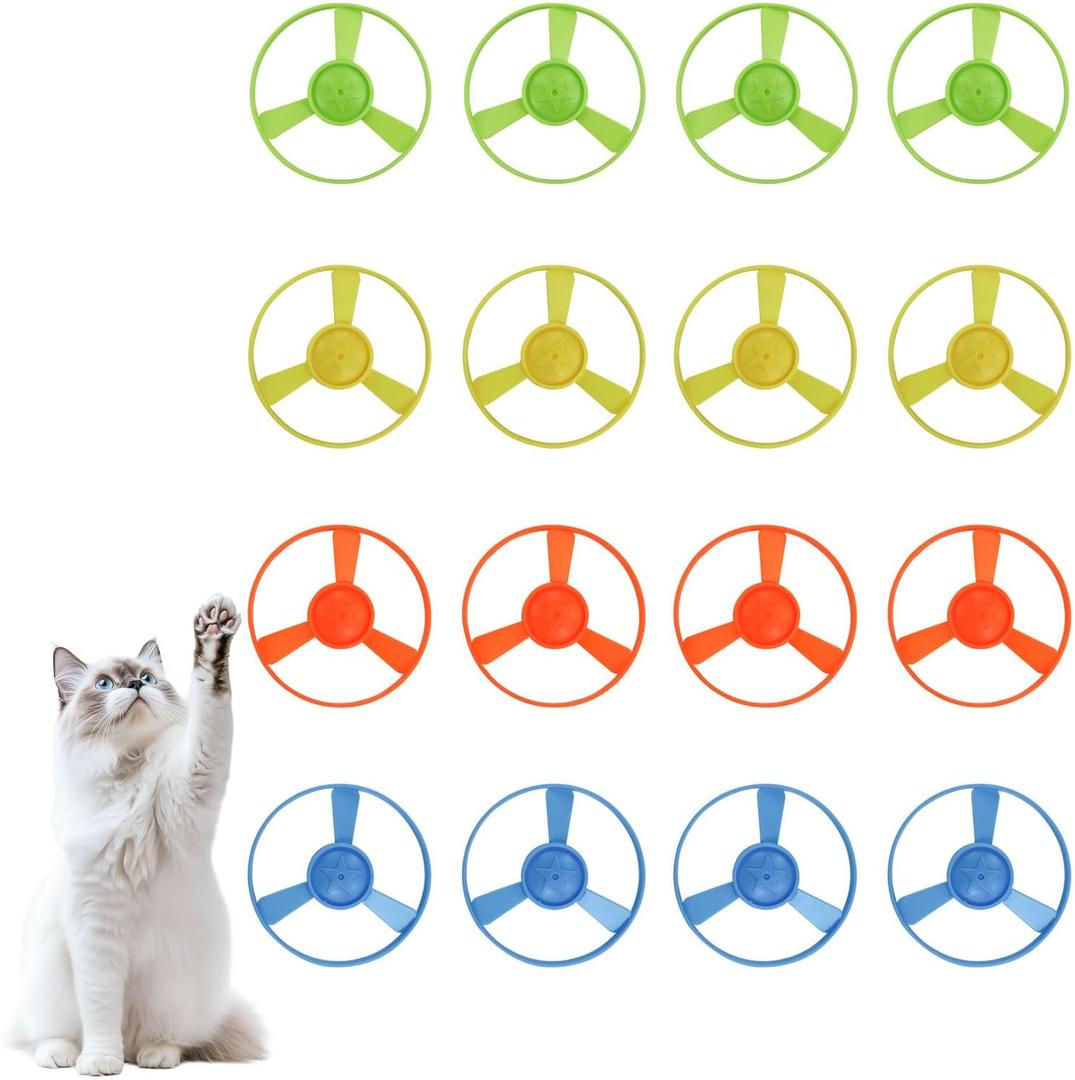 Andiker Cat Fetch Toy, Interactive Kitten Flying Disc Launcher Toy with 5 Colorful Flying Propellers for Cat Enrichment, Flying Saucer Toy for Cats for Training and Chasing (16 pcs)
