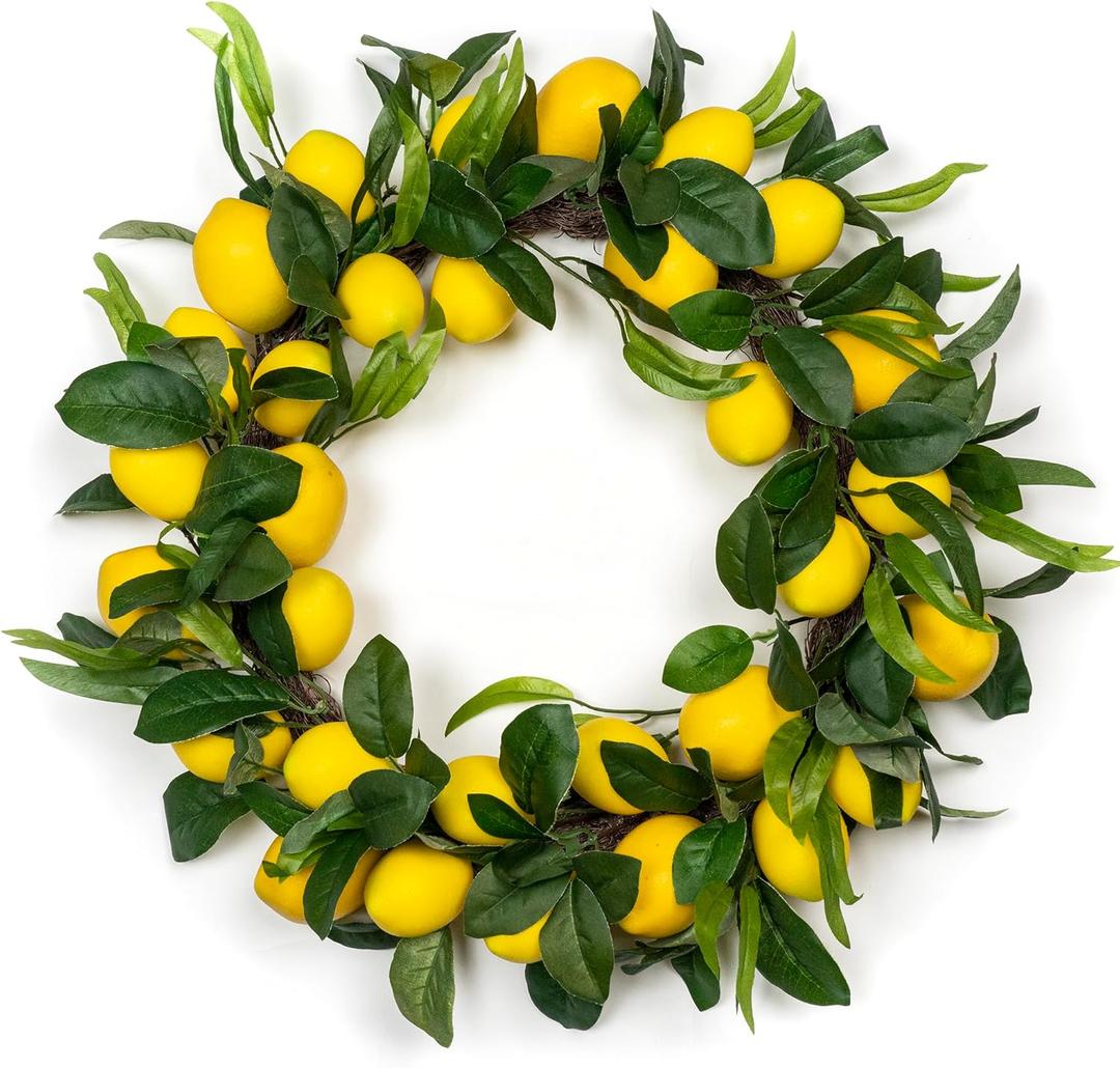 Lemon Wreath - Yellow Lemon with Artificial Green Leaves Wreath for Home Holiday Front Door Decor (20inch)