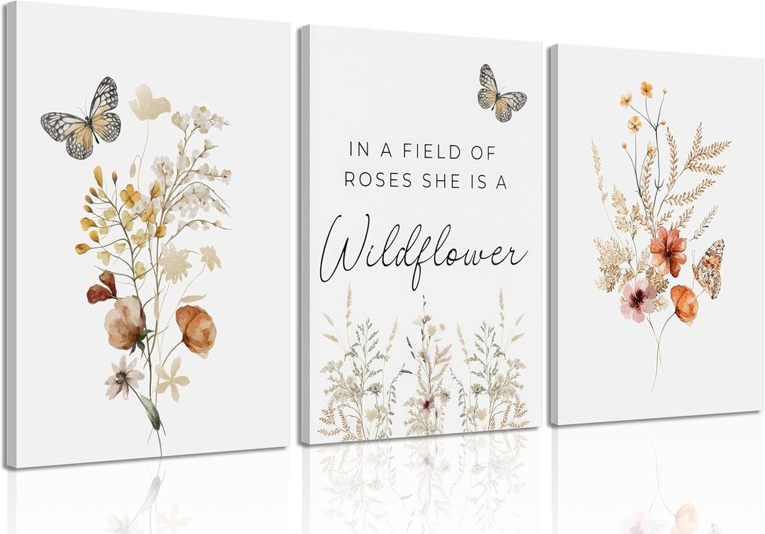 3 Pcs Watercolor Flowers Canvas Wall Art In A Field Of Roses She Is A Wildflower Painting Picture Wall Decor Boho Butterfly Wildflowers Poster Print Artwork for Nursery living room Home Decoration (12x16in)