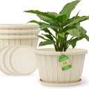 Quarut Plant Planters Pots Set of 4 Pack 16 Inch Large Plastic Flower Pot for Indoor Plants with Drainage Holes & Trays, Whiskey Barrel Planters with Saucer for House Outdoor Garden Plant White Beige
