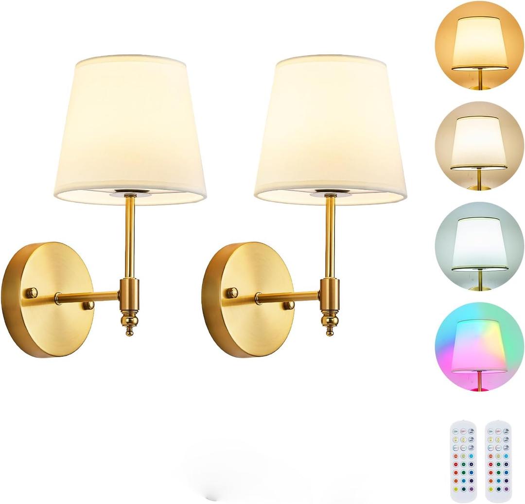Battery Operated Wall Sconce Set of 2,Gold Wireless Wall Light with Remote Control,RGB Dimmable Wall Sconces Set of Two 15 Colors,Rechargeable Bulbs Cordless Lamp for Bedroom Living Room