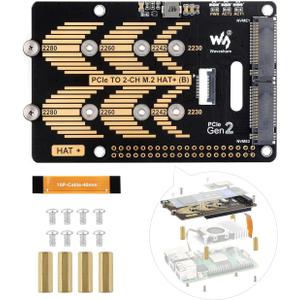 Waveshare PCIe to 2-CH M.2 HAT, Compatible with Raspberry Pi 5, Support M.2 NVMe Solid State Drive 2230 2242 2280, High-Speed Reading/Writing