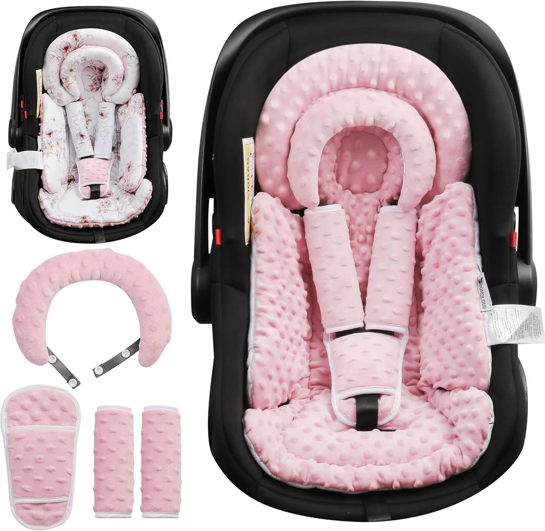 BOMOLOUR Infant Car Seat Insert with Removable Cushion for Baby Preemie Newborn Infant, Reversible carseat Insert Head Body Support Fits for Stroller, Baby Swing, Rocker, Bouncer, Bassinet - Pink
