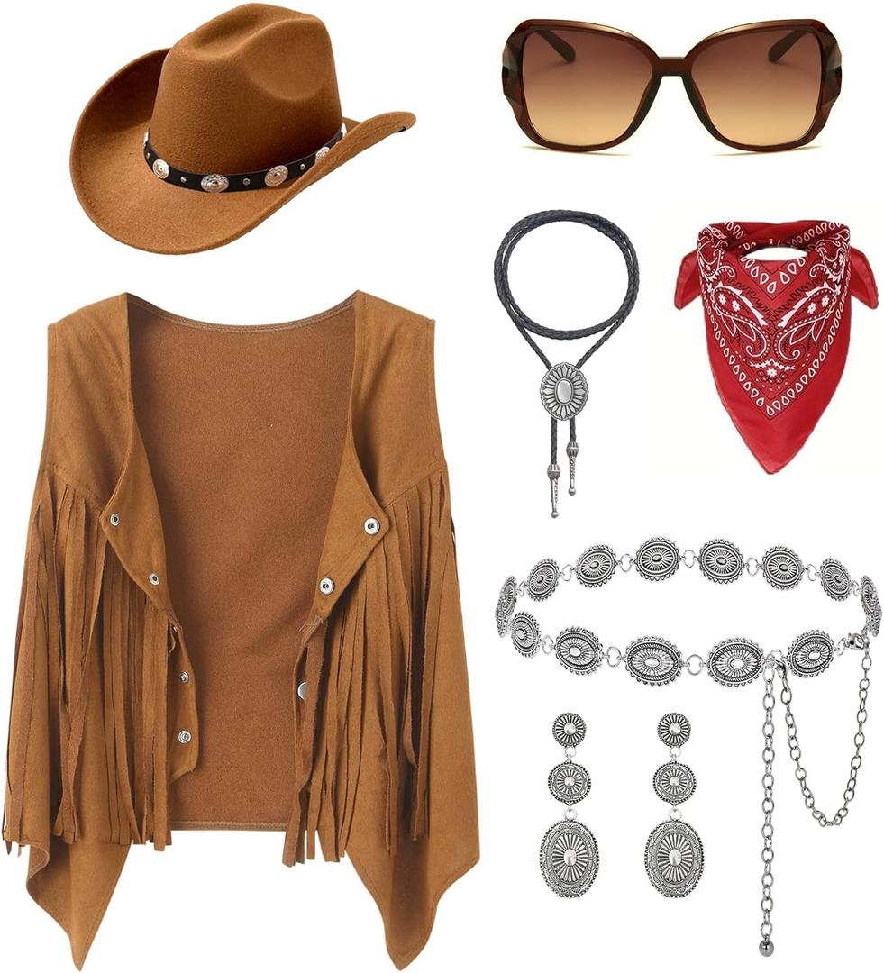 Cowgirl Outfits for Women, Cow Girl Cowgirl Vest Costume Outfit Hat Accessories Sets (Small, Brown)