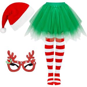 SATINIOR Christmas Costume Set Santa Hat Tutu Skirt Striped Tights Glitter Frame Christmas Glasses for Women SATINIOR Christmas Costume Set Santa Hat Tutu Skirt Striped Tights Glitter Frame Christmas Glasses for Women