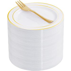 WELLIFE 60 PCS Gold Plastic Dessert Plates and 60 PCS Forks, 6.3 inch Disposable Salad Plates, Premium White Appetizer Plates with Gold Rims, Perfect for Party
