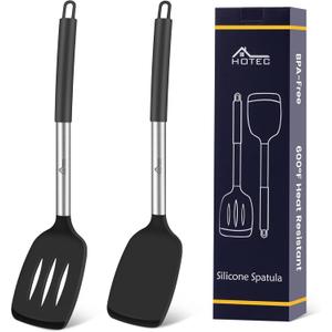 HOTEC Silicone Spatula Set of 2 Heat-Resistant 600F & BPA-Free Kitchen SaptulaTurner with Stainless Steel Handles, Slotted & Solid Spatulas for Nonstick Cookware, 13.7 Inch, Black