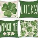 GEEORY St Patricks Day Pillow Covers 18x18 Set of 4 St Patricks Day Decorations for Home Shamrock Lucky Decorative Throw Pillows Farmhouse St Patricks Day Decor (Green)