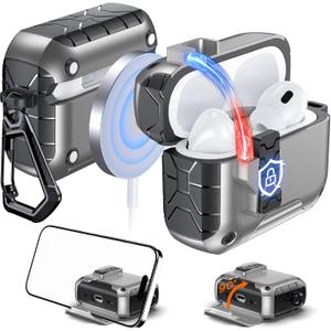 Anqrp MagArmor Auto-Open for AirPods Pro 2nd/1st Gen Case with Built-in Magnets, [One-Press Auto-Open] [Compatible with Mag-Safe Charging], Full-Body MIL-Grade Protective with Air-AL Carabiner Gray