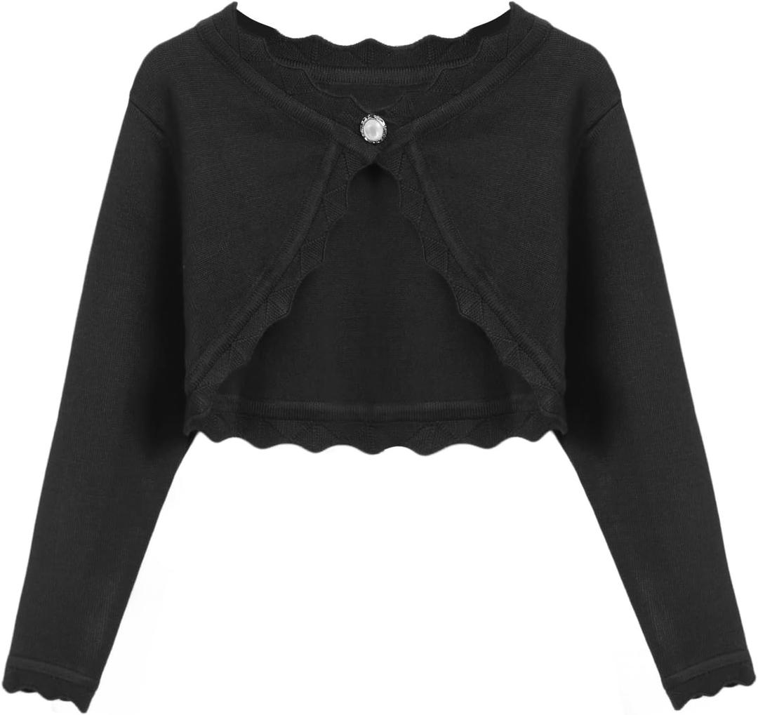 Arshiner Girls Open Front Bolero Shrug Kids Long Sleeve Cropped Elegant Cardigan Knit Sweater 5-6Y (Black)