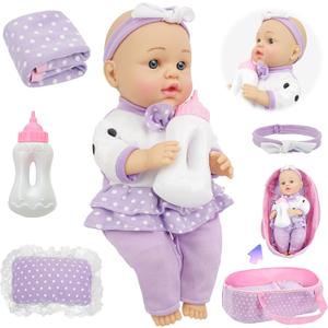 SMILESSKIDDO Baby Doll with Accessories, 12" Dolls Playset with Washable Carrier Bassinet Bed, Bottle, Blanket, and Pillow, Soft Body Baby Dolls for 2+ Year Old Girls