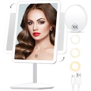 COSMIRROR Makeup Mirror with Lights, Rechargeable 2000mAh Lighted Makeup Mirror with 10X Magnification, 360Rotation Makeup Vanity Mirror with 3 Color Light, Touch Control Light up Mirror for Makeup