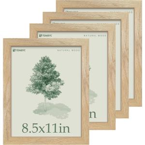 8.5 by 11 Picture Frame Wood Set - 4 Pack, Natural Solid Wood, HD Tempered Glass, Elegant Wood Grain Photo Frame, Table or Wall Display, 8.5x11