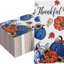 100 PCS Thanksgiving Thankful Paper Napkins, Fall Blue White Pumpkin Hand Towels Decorative Disposable Dinner Guest Napkins, Autumn Sunflower Kitchen Dinning Table Party Decor 8 x 4 Inch