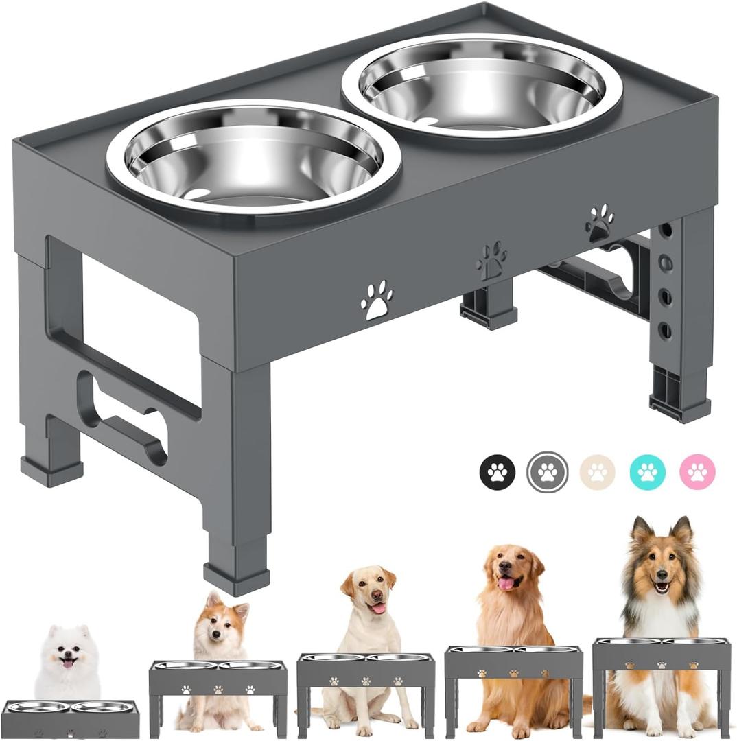 Elevated Dog Bowls with 2 Stainless Steel Bowls, Raised Dog Food Bowl Stand 5 Height Adjustable (3.1", 9", 10", 11", 12") Non-Slip Feeder Set for Medium and Large Dogs - Gray (For Medium Large Dogs)