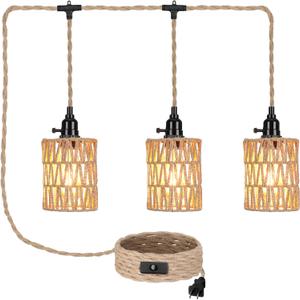 Retisee 3 Lights Hanging Light with Plug in Cord Pendant Lamp 22 ft Hemp Rope Boho Rattan Lamp On/off Switch Farmhouse Hanging Bohemian Decor for Bedroom Living Room Kitchen Hallway Foyer