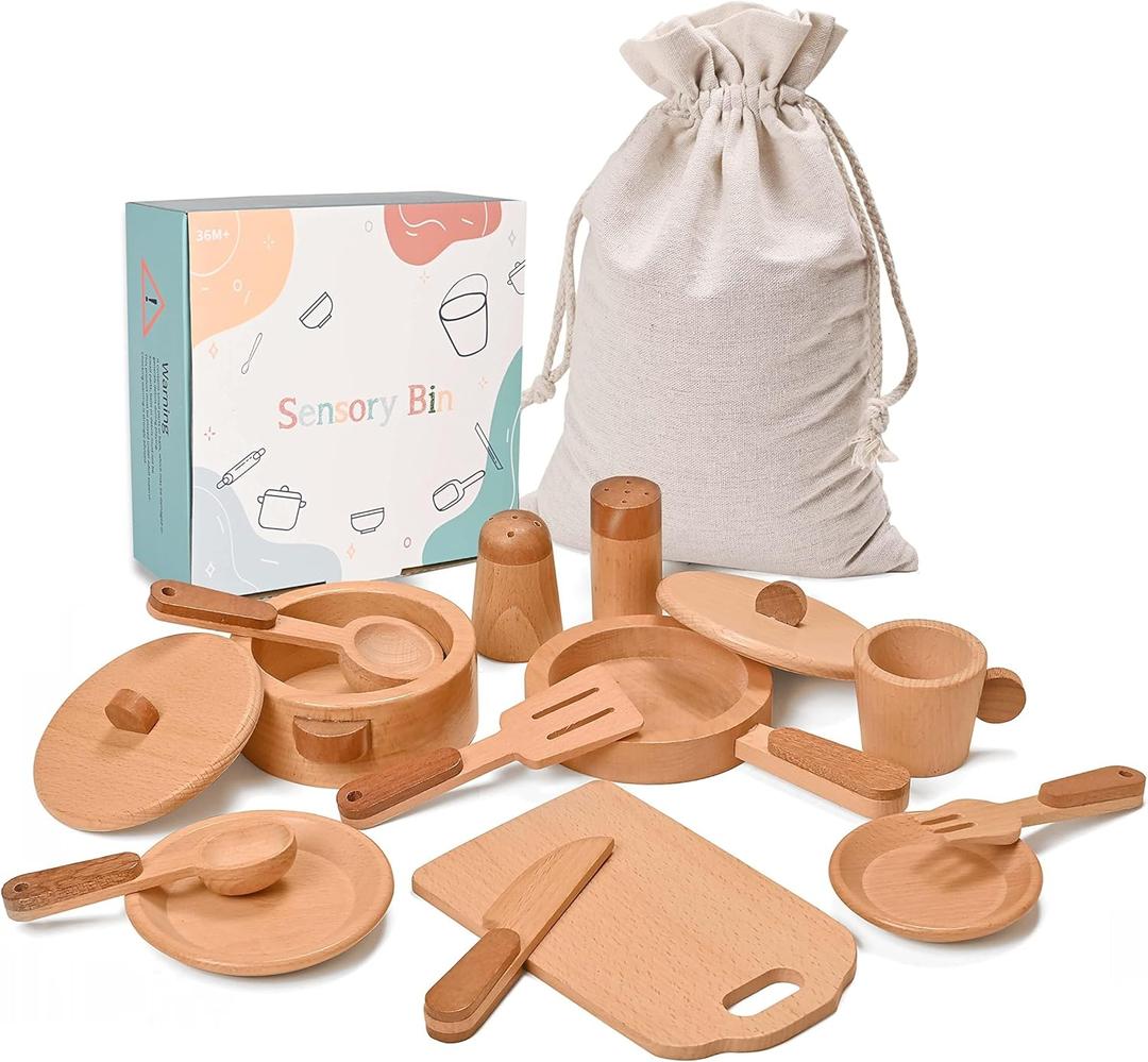 Play Kitchen Accessories Montessori Wooden Toys Kids Kitchen Set Cookware Plates Dishes Pots Pans Cooking Playset 15 Pieces Sensory Toys for Toddlers Girls Boys With Storage Bag