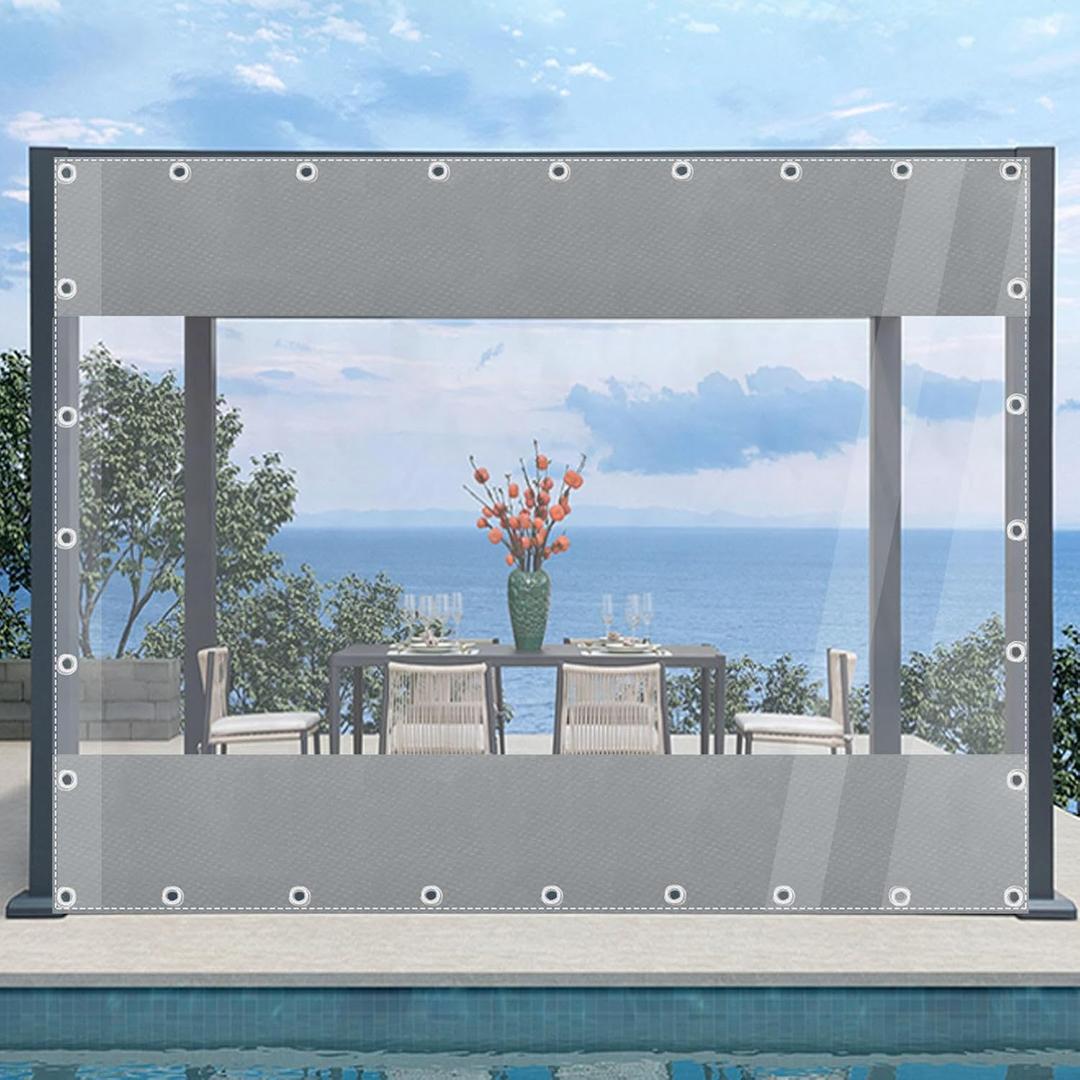 Outdoor Clear Vinyl Curtains,PVC Plastic Side Panels,Waterproof,Dustproof,Weatherproof,Anti-Aging,Outdoor Tarp Curtains for Balcony,Porch,Carport,Grey, Size WxH-2.6x3m/8.5x9.8ft for One Sheet, Set Of 4