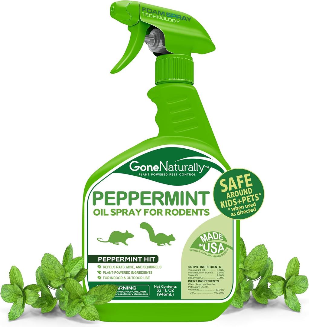 Peppermint Oil Rodent Repellent Spray Pet & Kid Safe Indoor/Outdoor Mouse, Rat & Squirrel Deterrent for Home, Garage, Attic, RV & Car Engines (32oz)