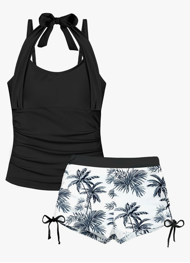 Girls Swimsuit 2 Piece Halterneck Girls Tankini Swimsuit Drawstring Printed Swim Shorts Girl Bathing Suit for 13-14 Y
