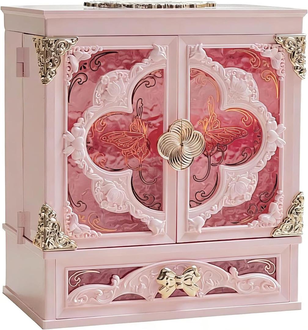 Lighted Vanity Makeup Organizer with Mirror, Large Vintage Cosmetic Storage Box with Drawers, Waterproof Dustproof Skincare & Beauty Organizer for Bathroom Counter, Gift for Women (Pink)